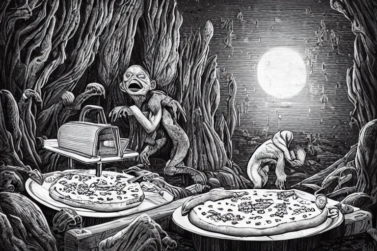 Image similar to a highly detailed gollum making pizza! in the winter, snow filled landscape, pizza oven burning in the background, black sky, post - apocalyptic vibe, full body, wide angle, an ultrafine detailed painting by joe fenton, trending on deviantart, pop surrealism, whimsical, lowbrow, perfect symmetrical face, sharp focus, octane, masterpiece