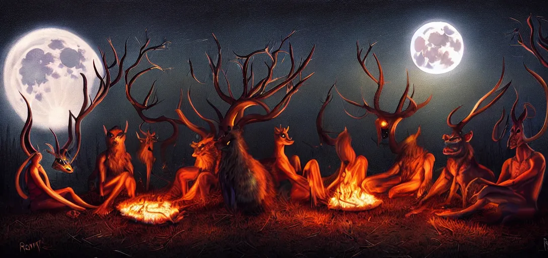 Image similar to strange mythical beasts of sitting around a fire under a full moon, surreal dark uncanny painting by ronny khalil