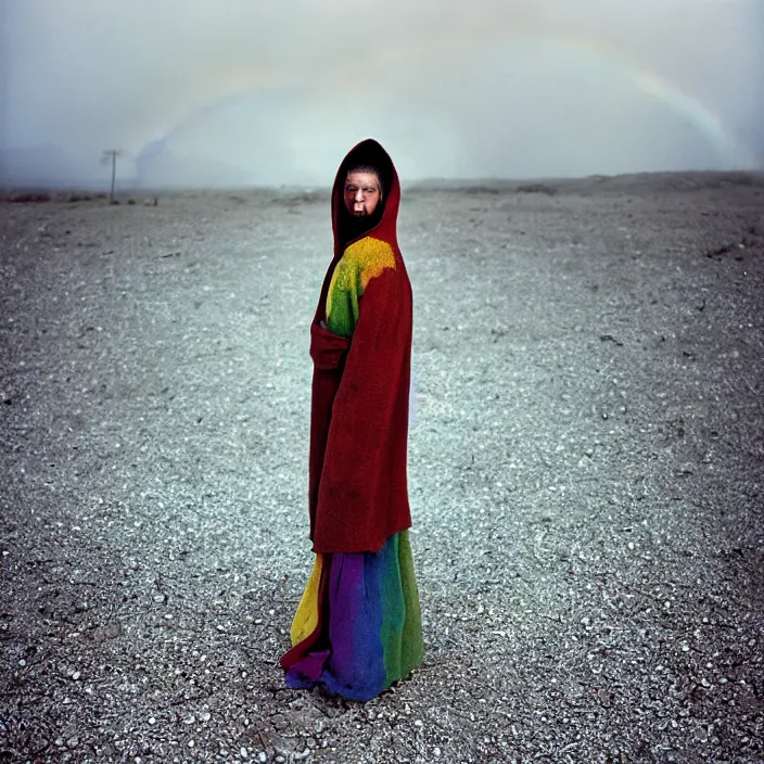 Image similar to closeup portrait of a woman with a hood made of nails and rainbows, standing in a desolate apocalyptic landscape, by Annie Leibovitz and Steve McCurry, natural light, detailed face, CANON Eos C300, ƒ1.8, 35mm, 8K, medium-format print