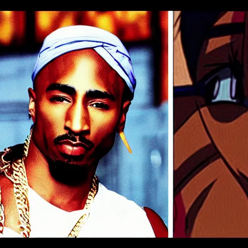 Image similar to Tupac Shakur, screenshot from a 2012s anime