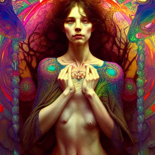 Image similar to An extremely colorful psychedelic experience, reality bending, magic mushrooms, psilocybin, LSD, face, detailed, intricate, elegant, highly detailed, digital painting, artstation, concept art, smooth, sharp focus, illustration, art by Krenz Cushart and Artem Demura and alphonse mucha