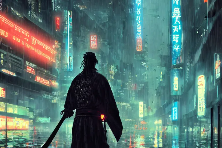 Image similar to Samurai with a sword stands infront of cyberpunk city, in theme of bladerunner movie, year 2077 raining, neon lights, night, realism. Beautiful lighting, highly detailed digital art, trending on artstation.