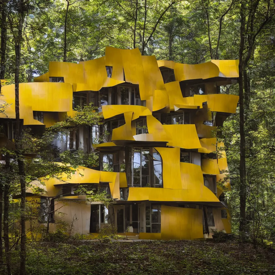Prompt: architecture ad for a small flat mid-century modern house in the forest, designed by Frank Gehry. Big Tiles. Film grain, cinematic, yellow hue