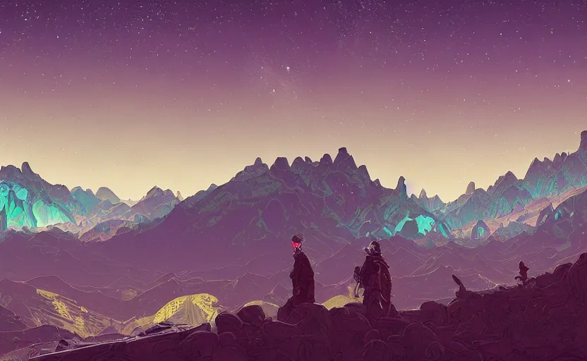 Image similar to mountains, stars and paisley filled sky, artstation, intricate, highly detailed, digital painting, concept art, sharp focus, illustration by Simon Stalenhag and Alphonse Mucha