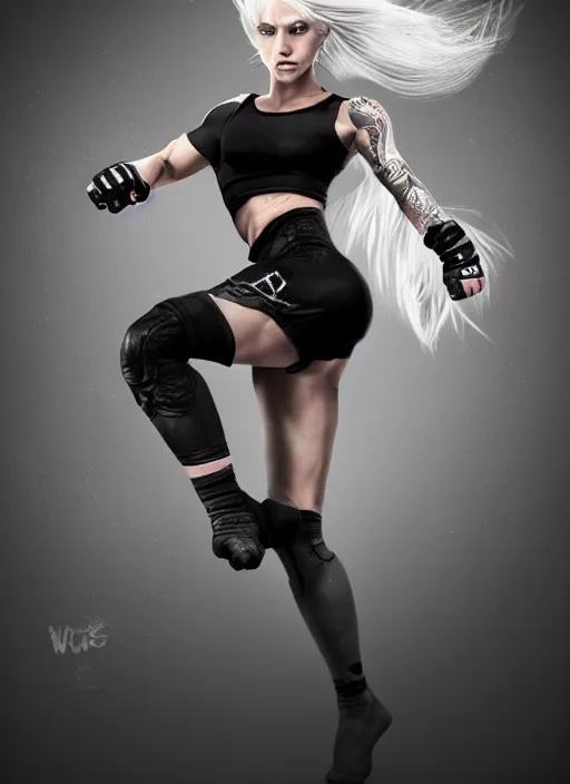 Image similar to a highly detailed illustration of fierce ponytail platinum blonde woman wearing black mma gear and gloves, dramatic powerful kicking pose, perfect face, fairly muscular, athletic, intricate, elegant, highly detailed, centered, digital painting, artstation, concept art, smooth, sharp focus, league of legends concept art, WLOP