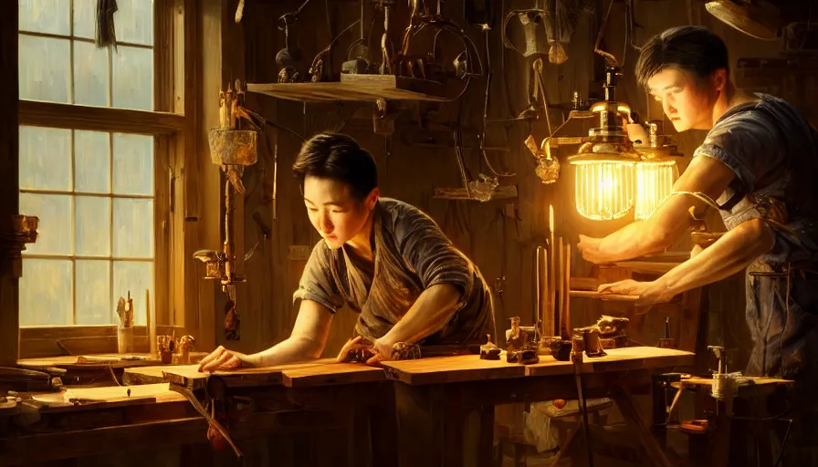Image similar to highly detailed oil painting | very intricate | cinematic lighting | award - winning | craftsman | building a piece of furniture in their workshop | beautiful cinematic light, american romanticism, by huang guangjian, gil elvgren, ruan jia, randy vargas, greg rutkowski, artstation, cgsociety, official art, octane