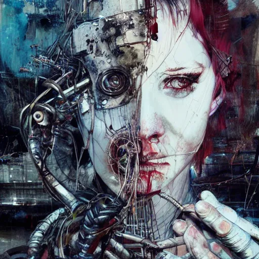 Image similar to mad max wires cybernetic implants, abandoned steelworks, grime and grunge, in the style of adrian ghenie, esao andrews, jenny saville,, surrealism, dark art by james jean, takato yamamoto