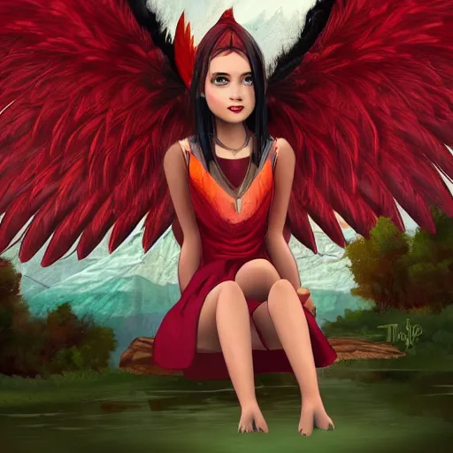 Image similar to Teenager Harpy-Girl, red feathered wings, wearing Inka clothes, sad expression, sitting at a pond, mountainous area, trees in the background, trending on artstation