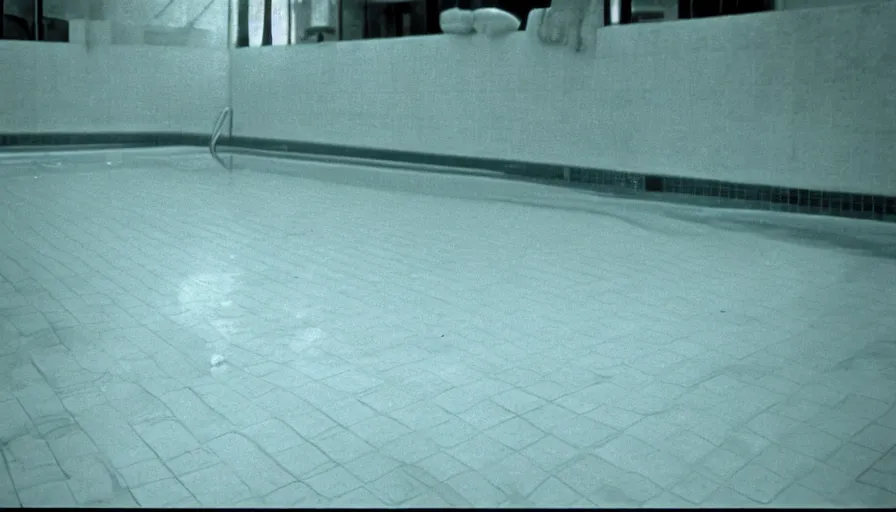 Image similar to 1 9 6 0 s movie still of an empty light yellow tiles swimmingpool, low quality, liminal space style