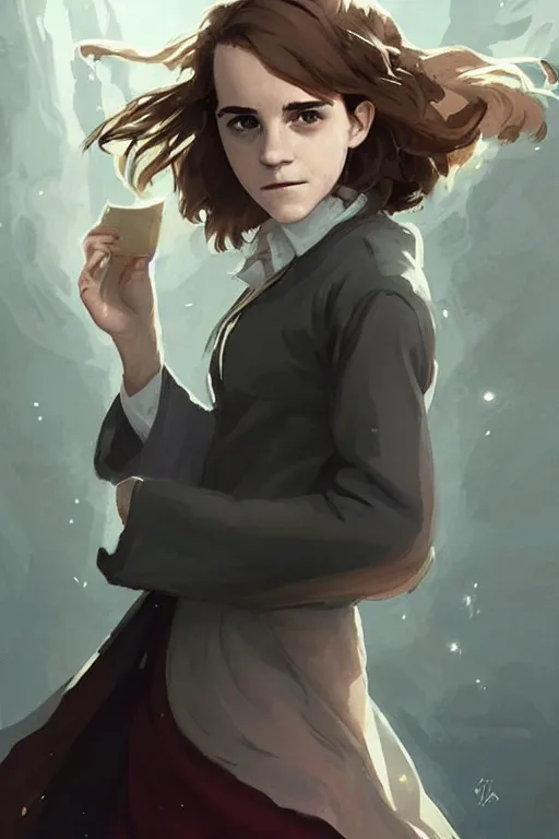 Image similar to Poster artwork, Emma Watson as Hermione Granger, wearing hogwarts robes, magnificent, medium close up, details, sharp focus, elegant, highly detailed, illustration, by Jordan Grimmer and greg rutkowski and PiNe(パイネ) and 薯子Imoko and 香川悠作 and wlop!!!! and maya takamura, intricate, beautiful, sunset!!!, Trending artstation, pixiv, digital Art