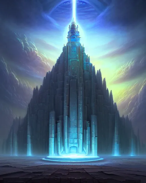 Prompt: a beautiful matte painting of the cosmic temple at the end of the universe by Tyler Edlin and Noah Bradley and Jim Burns and James Gurney, award winning, atmospheric, epic and stunning, intricate details, sense of awe, monumental structures, featured on artstation