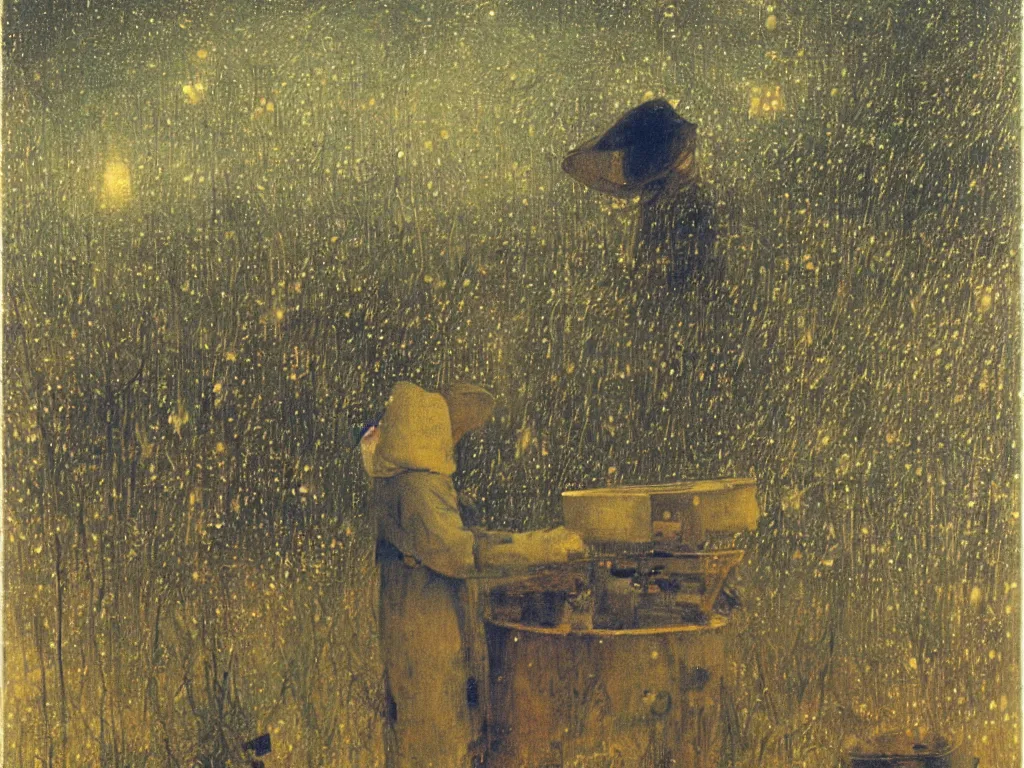 Image similar to painting by mikalojus konstantinas ciurlionis, bosch. portrait of a man in white beekeeping suit at night with fireflies