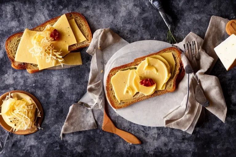 Image similar to 7 0 s food photography of an opulent spread of cheese on toast, on a velvet table cloth, dramatic diffused lighting