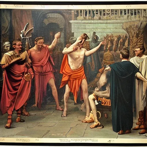 Image similar to a color photograph of the last moments of julius caesar's life, candid photographic snapshot