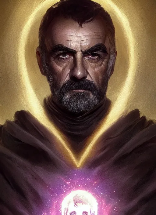 Image similar to Portrait of Sean Connery, white glowing eyes, black hair, cloak, ethereal wings, male, fantasy, extremely detailed, digital painting, artstation, concept art, smooth, sharp focus, illustration, stunning lighting, art by artgerm and greg rutkowski and alphonse mucha and simon stalenhag, realistic character concept, high fantasy, light atmosphere, golden ratio, cinematic lighting, hyperdetailed, high resolution, insanely detailed and intricate, artstation, Marc Simonetti, Greg Rutkowski, 8k