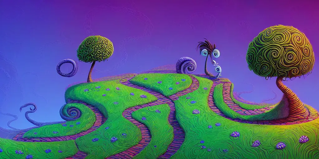 Prompt: dark tones, curled perspective digital art of spiral clouds cobblestone street with wildflowers top of a hill with curly palmtrees by anton fadeev from nightmare before christmas. horton hears a who!