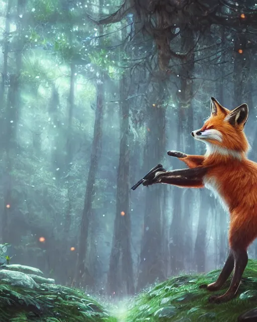Image similar to Fox singing in forest, portrait, wearing hat, magical notes, fairy atmosphere, magic the gathering artwork, D&D, fantasy, cinematic lighting, centered, symmetrical, highly detailed, digital painting, artstation, concept art, smooth, sharp focus, illustration, volumetric lighting, epic Composition, 8k, art by Akihiko Yoshida and Greg Rutkowski and Craig Mullins, oil painting, cgsociety