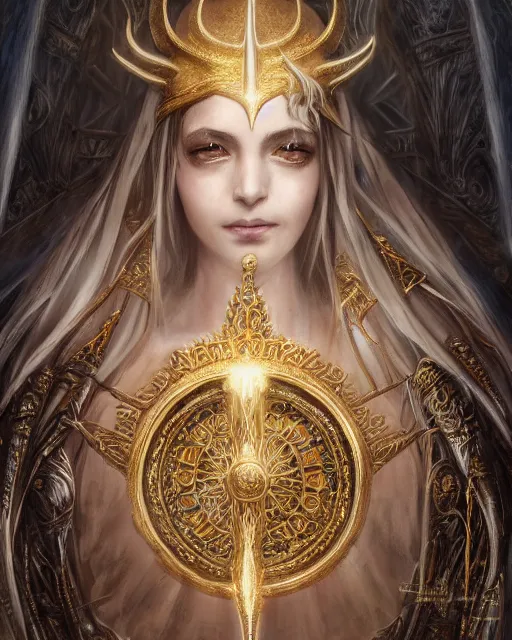 Image similar to highly detailed sharp photorealistic portrait of a beautiful female priestess with shimmering hair, symmetrical face and eyes, dressed in intricate silk and gold,holding sacred scripture, cgsociety, Elden Ring, Dark Souls, Bloodborne