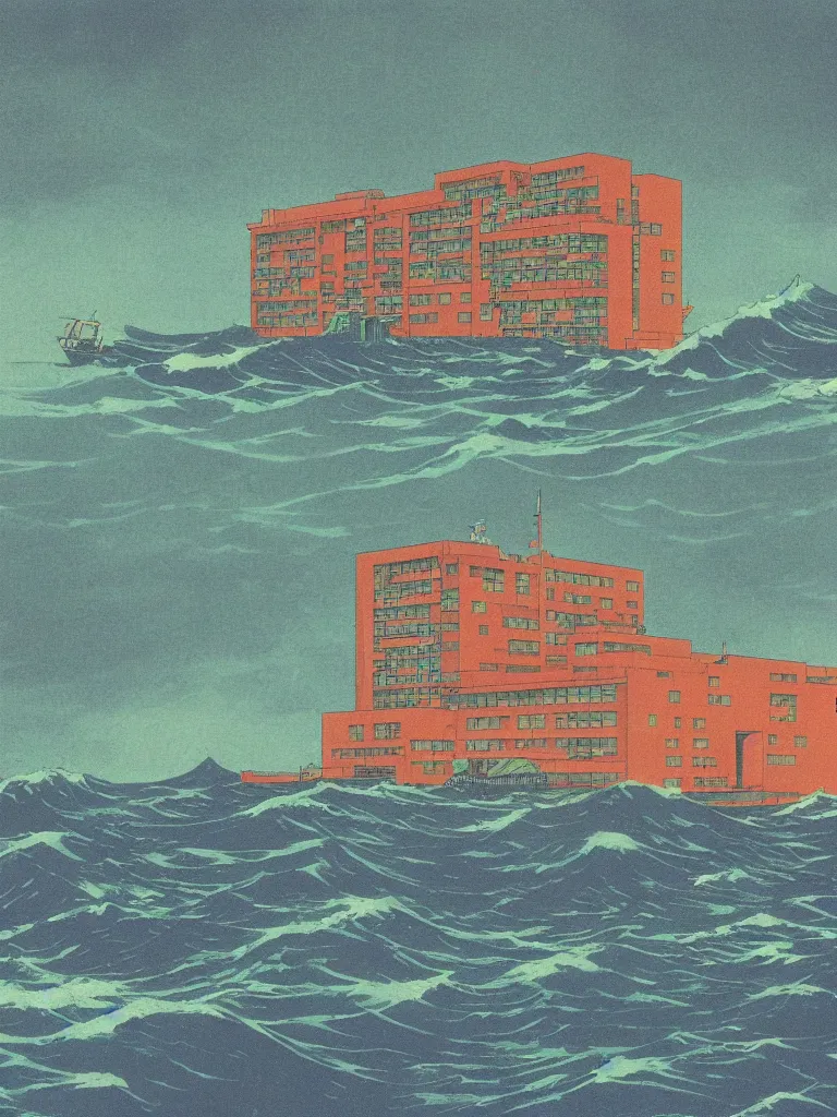 Image similar to a psychedelic hallucination of a brutalist hotel in the stormy ocean, by kawase hasui, moebius, edward hopper, colorful flat surreal design, dramatic lighting, hd, 8 k, artstation