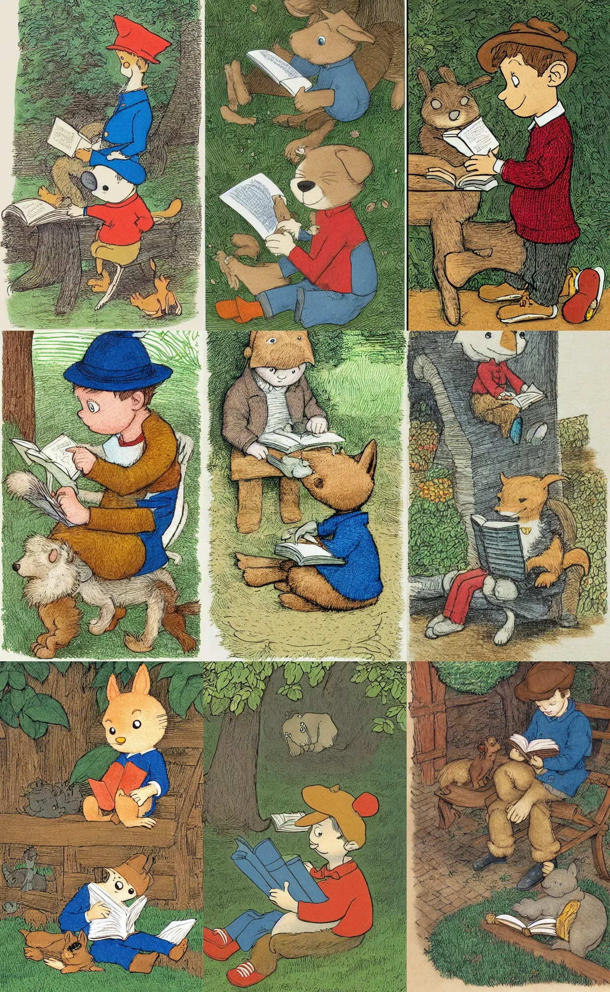 Prompt: illustration : boy with dog reading a book. maurice sendak, beatrix potter, clement hurd, e. h. shepard, richard scarry. highly detailed 8 k. intricate.