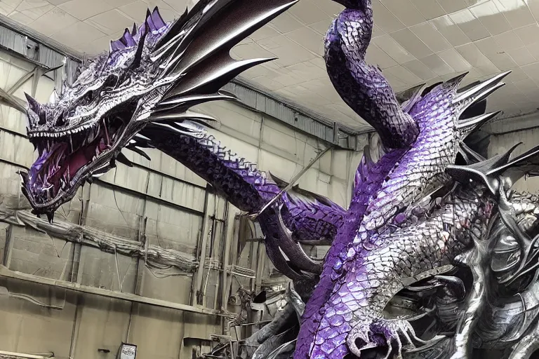 Prompt: 128 foot tall silver western style dragon that has purple highlights, 360 foot wingspan, and jagged yet smooth plated scales, four limbs, epic pose