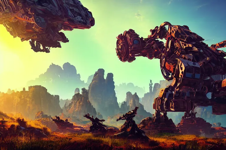 Image similar to rockbreaker machine mecanical creature robot of horizon forbidden west horizon zero dawn radiating a glowing aura global illumination ray tracing hdr fanart arstation by ian pesty and alena aenami artworks in 4 k