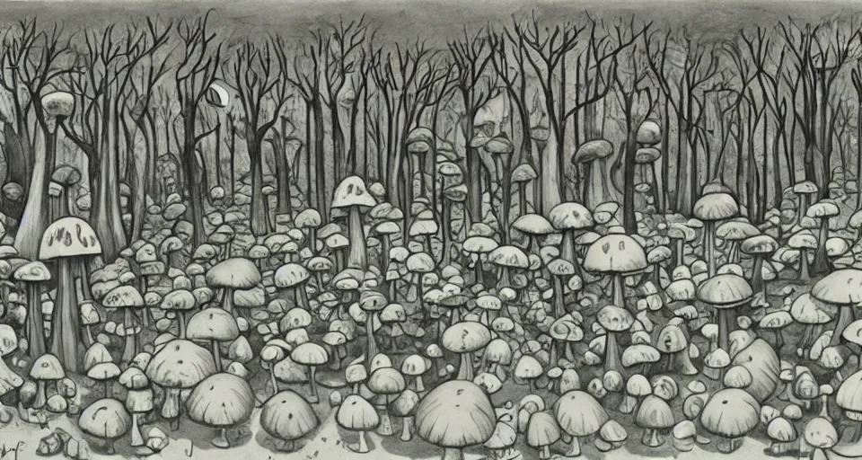 Prompt: A tribal village in a forest of giant mushrooms, by Charles Addams