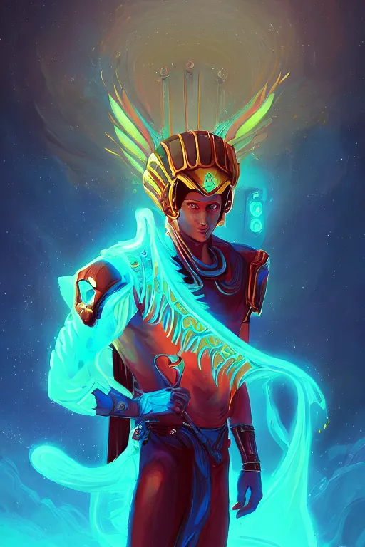 Image similar to the handsome god hermes, wearing winged helmet, holding glowing laptop computer, digital painting bioluminance alena aenami artworks in 4 k design by lois van baarle by sung choi by john kirby artgerm style pascal blanche and magali villeneuve