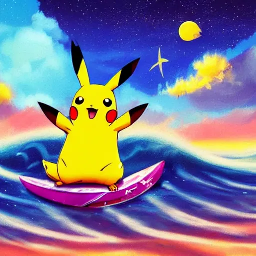 Prompt: pikachu riding a wave on a surfboard in space, surreal photography, sunrise dramatic light, impressionist painting, colorful clouds, large sky, digital painting, artstation, simon stalenhag, flower face