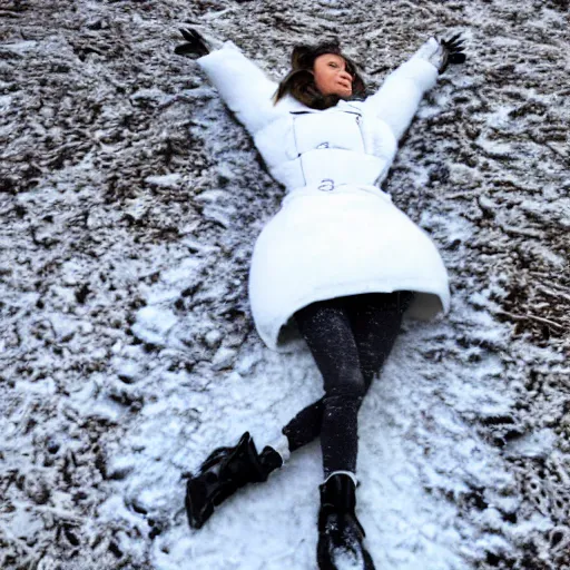 Prompt: kiera knightly making a snow angel