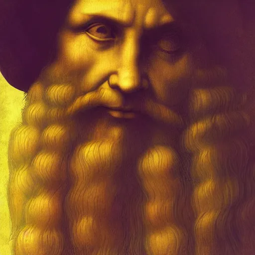 Image similar to A beautiful portrait of Leonardo Da Vinci wearing jeans and on on a psychedelic retreat in Miami, portrait, elegant, intricate, digital painting, artstation, concept art, sharp focus, illustration