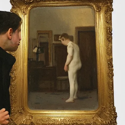 Image similar to gentleman watching in horror as an evil ghost exits a mirror by alfred stevens