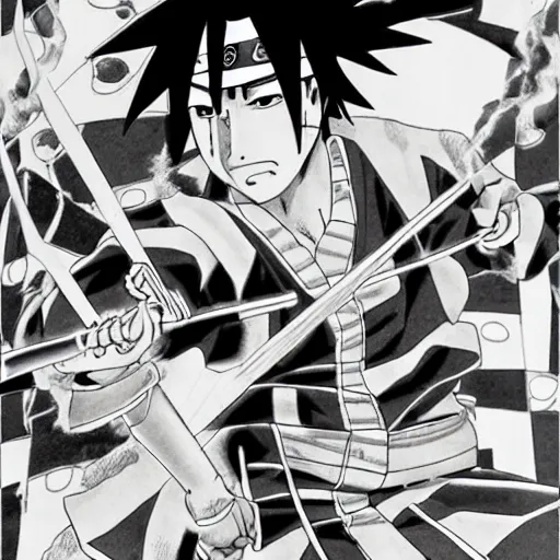 Image similar to Sasuke and Frank Zappa vs Naruto manga panel award winning black and white art by Frank Zappa and Kishimoto highly detailed pen and ink matte painting