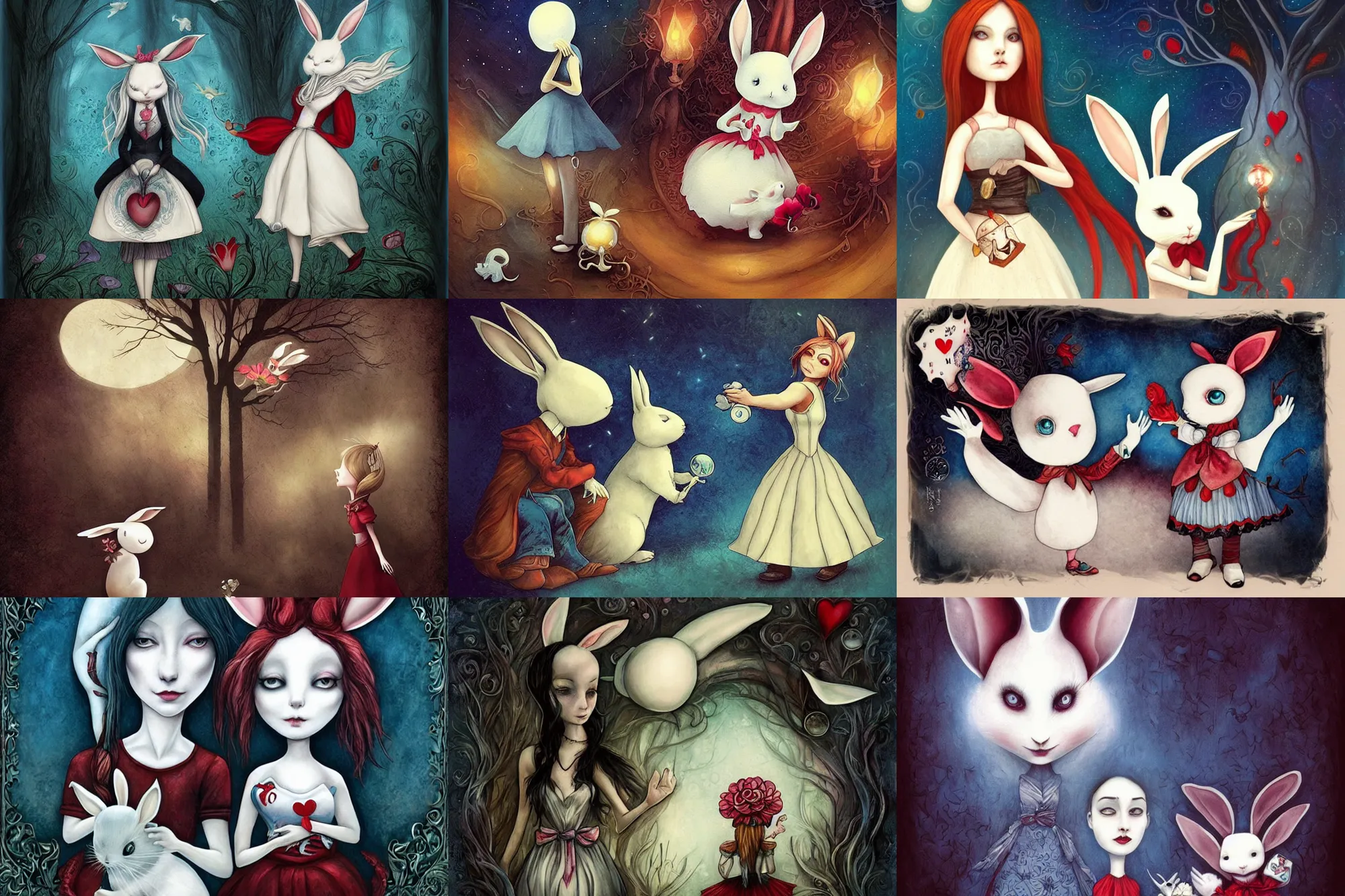 Prompt: Alice fans herself with the White Rabbit\'s fan and shrinks again, dramatic, art style Megan Duncanson and Benjamin Lacombe, super details, dark dull colors, ornate background, mysterious, eerie, sinister