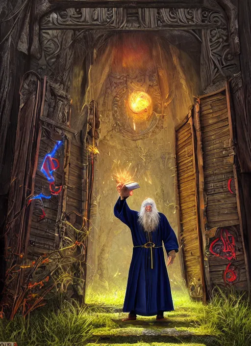 Prompt: an angry old wizard facing the camera in robes holding a magical book standing in front of an elaborate ancient wooden closed closed closed door, beautiful colorful fantasy rendering, colorful, grass, stone steps, steps, glowing runes, morning, golden hour, inspired by art of James Gurney and Greg Rutkowski