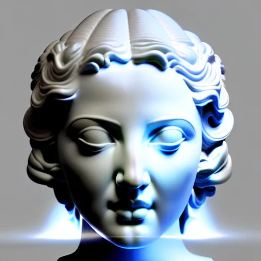 Image similar to sci - fi cgartist wide shot anaglyph ambient occlusion rendering of a hyper realistic marble greek statuary beautiful goddess glowing with embedded leds head product photo bright white backdrop high key colored lighting, trending on artstation volumetric lighting