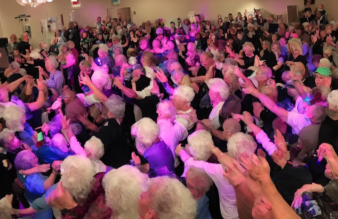 Image similar to a nursing home mosh pit with flashing lights