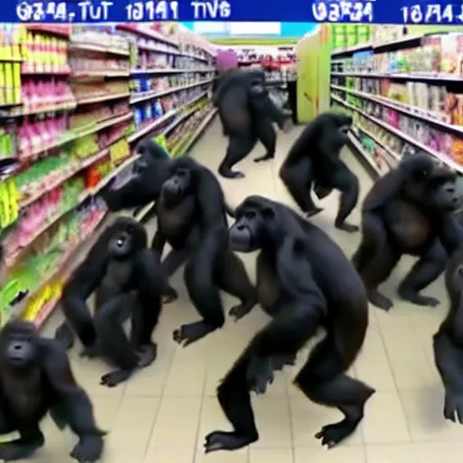 Image similar to cctv footage of a herd of gorillas raiding a walmart with people running away