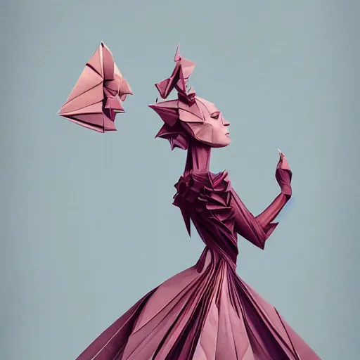 Image similar to 3 / 4 view of a beautiful girl wearing an origami dress, ground - level medium shot, elegant, by eiko ishioka, givenchy, philippe druillet, by peter mohrbacher, centered, fresh colors, origami, fashion, detailed illustration, vogue, high depth of field, japanese, reallusion character creator