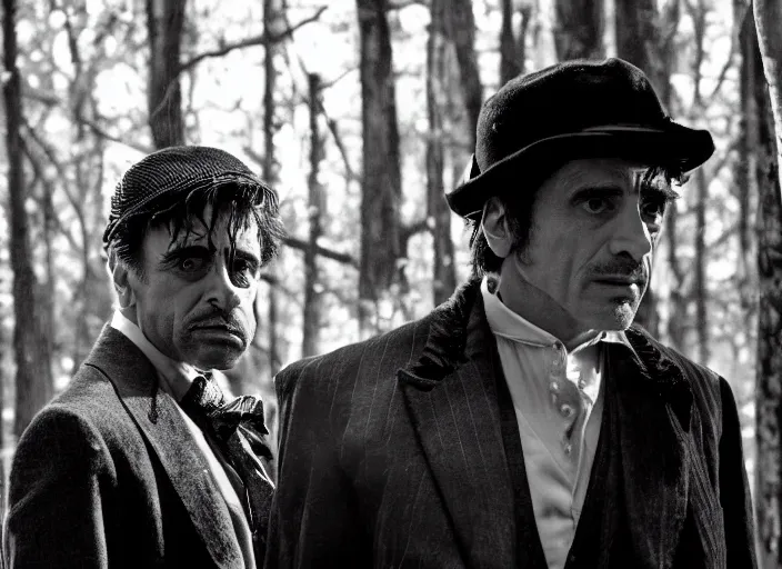 Image similar to an dramatic scene from the movie scarface, medium long shot, costumes from peaky blinders, filmed in the dark woods, a cabin in the background, al pacino and daniel day - lewis, sharp eyes, serious expressions, detailed and symmetric faces, black and white, cinematic, epic,