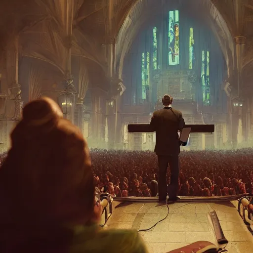 Image similar to pastor Dante Gebel giving a sermon message before a large crowd, artstation, Greg rutkowski, cinematic, digital Art