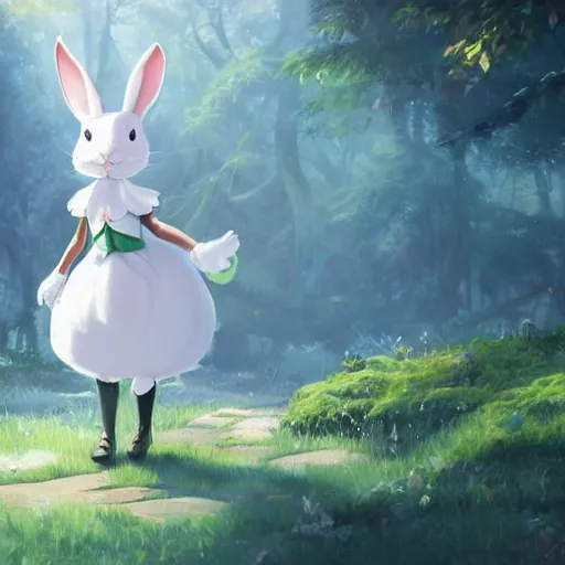 Image similar to concept art painting of an anthropomorphic white rabbit wearing a turquoise dress, in the deep forest, realistic, detailed, cel shaded, in the style of makoto shinkai and greg rutkowski and james gurney