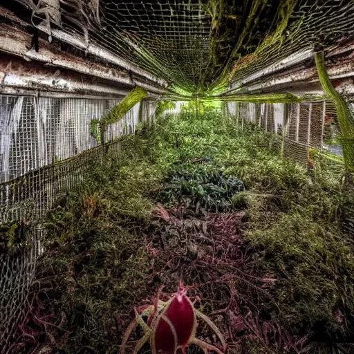 Image similar to abandoned, overgrown, underground bunker. giant mutated venus flytrap room.