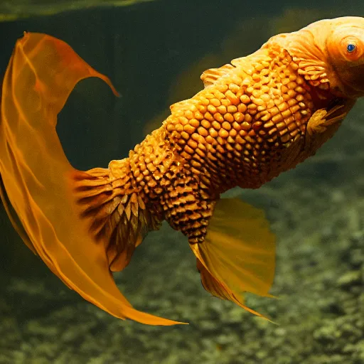 Image similar to a Goldfish with the armor of a pangolin, national geographic photograph