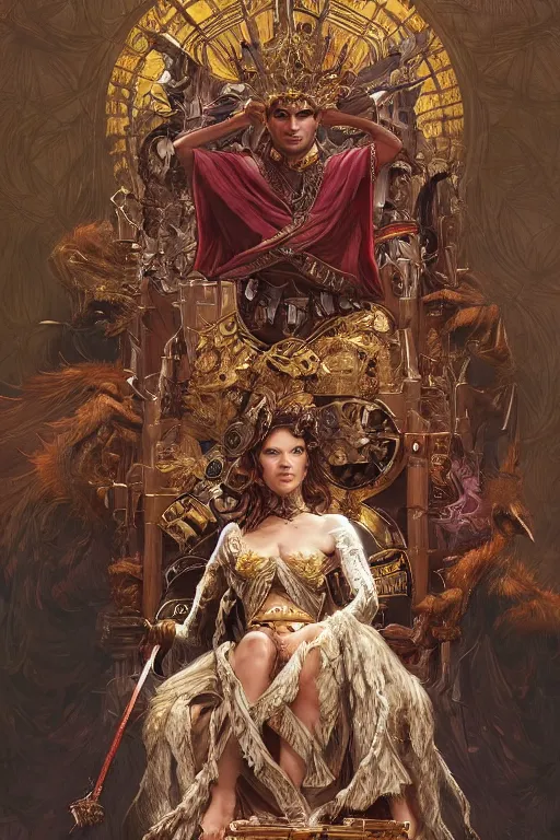 Prompt: warlord sitting on a throne, D&D, fantasy, intricate, highly detailed, digital painting, artstation, concept art, smooth, sharp focus, illustration, art by artgerm and greg rutkowski and alphonse mucha
