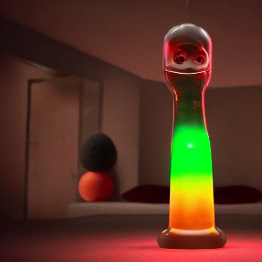 Prompt: single lava lamp, gelatinous cute creature inside, happy, playful, globules, 8 k, octane render by pixar