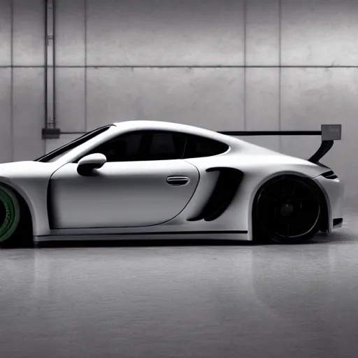 Prompt: a vision gran turismo style concept widebody porsche :: studio lighting, inside a warehouse :: porsche unseen design style