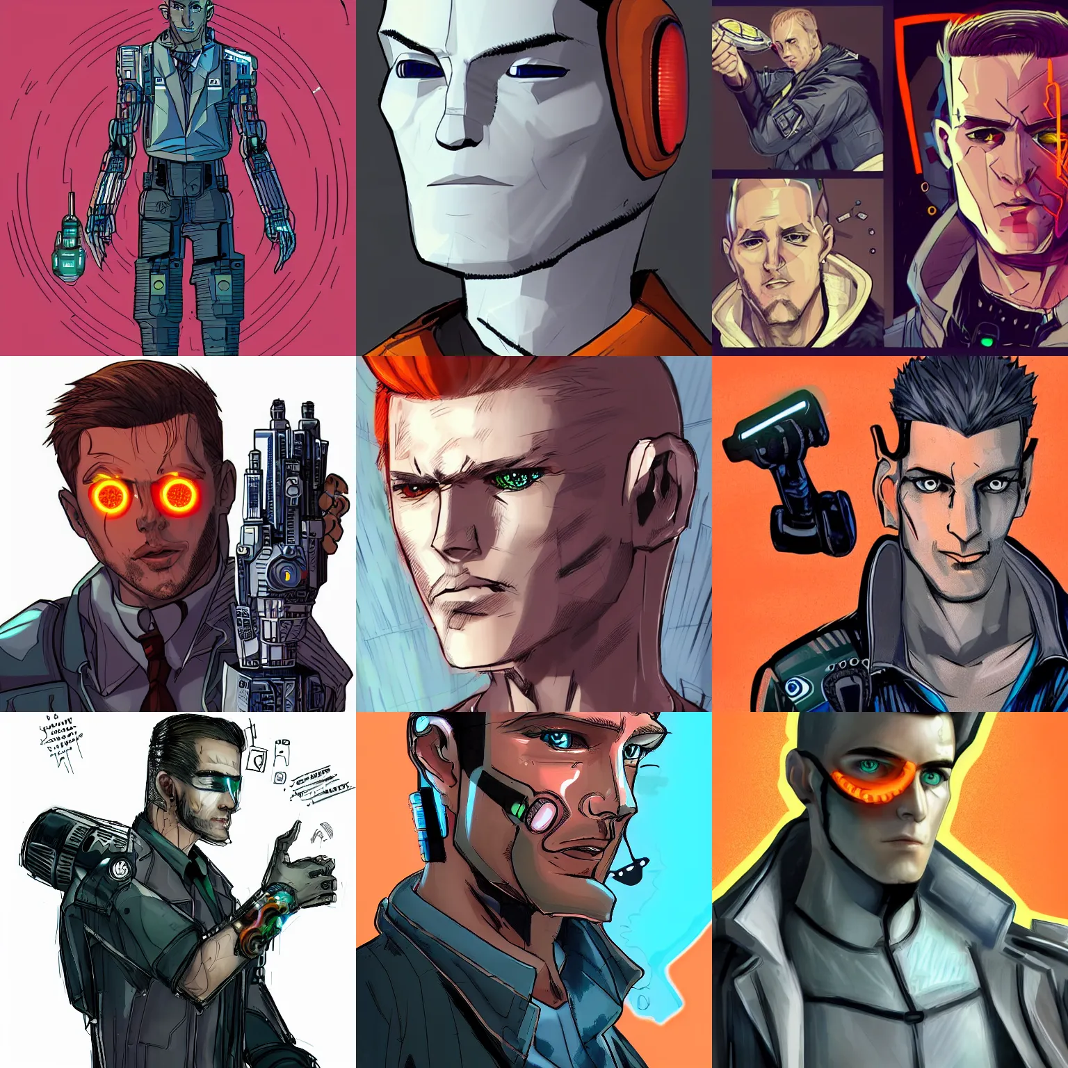 Prompt: 4 0 years old white man detective cyberpunk handsome with a cybernetic arm and orange eyes with an eye implant / sketch style / hyper realistic