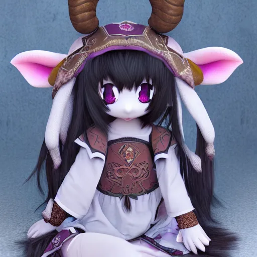 Prompt: cute fumo plush of a goat girl with horns, anime girl, tribal outfit with intricate celtic knot patterns, gothic maiden, artstation, vray