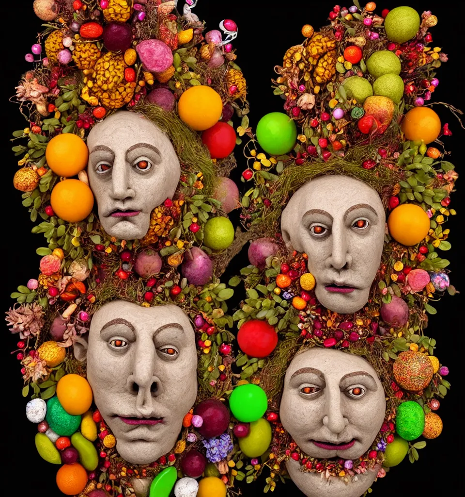 Prompt: headshot of a trickster nature spirit, head made of fruit gems and flowers in the style of arcimboldo, fragonard, photorealistic, dynamic lighting, action figure, clay sculpture, claymation, dull reddish orance cloudy background